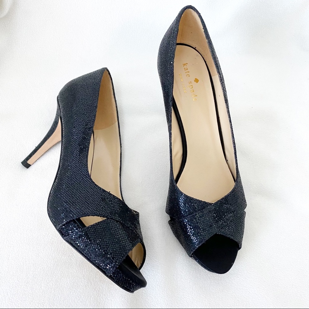 KATE SPADE Made In Italy Black Starlight Billie Glitter Peep Toe Heels Size 8